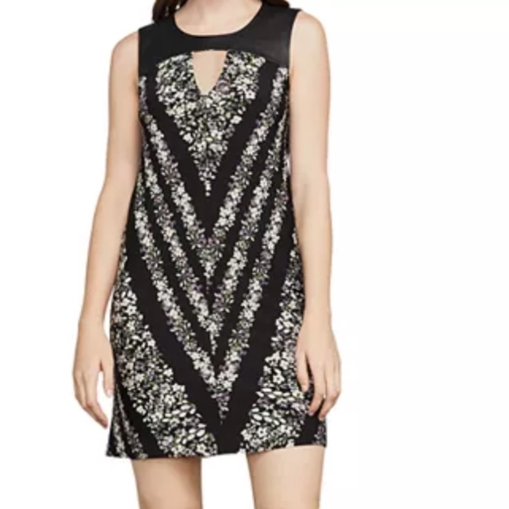 BCBG Lane floral print sleeveless tunic shift faux leather yoke keyhole cutout